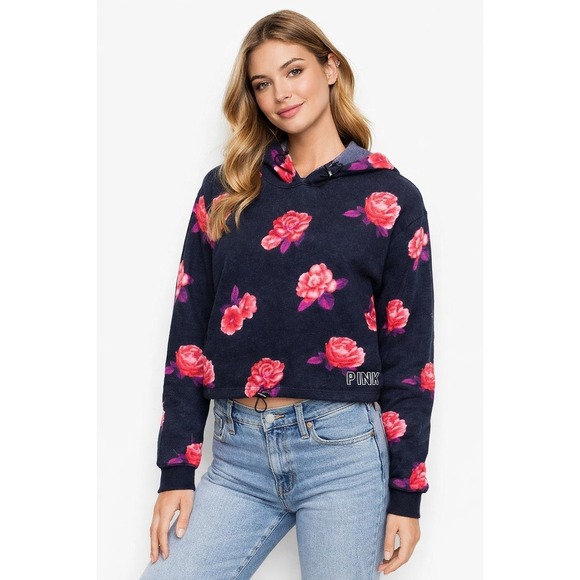PINK Victoria's Secret Tops - PINK Victoria's Secret Women XS Floral Rose Polar Fleece Cropped Hoodie Y2K